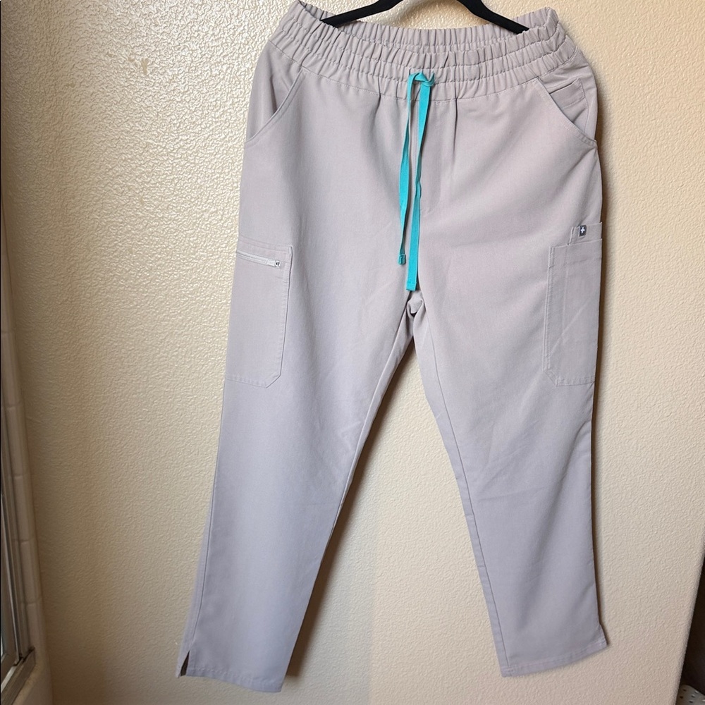 Figs Beige Scrub Pants with Teal Drawstring